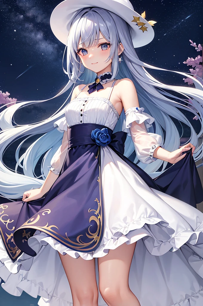 Facial featuresとexpression:
Facial features: The face is elegant、Soft atmosphere。The eyes are large、Deep purple stars are scattered throughout。The nose is small、The mouth is slightly smiling。
expression: Be calm and、Gentle smile。優しさと優雅さを感じさせるexpressionなのじゃ。
HairstyleとHair Color:
Hairstyle: long、Wave-like blue hair。The ends of her hair have silver highlights、It shines like moonlight。Hair should be drawn lightly, as if swaying in the wind.。
Hair Color: Blue and silver gradation、Glowing like moonlight。
Eye Design:
Eye color: In deep purple、There's a sparkle like stars in your eyes。まつ毛がlong、It gives a mysterious look to the eyes.。
Clothing and decoration:
tops: A light and sheer chiffon blouse。The colors are light pastel and floral.。Design that exposes shoulders and back a little。
Bottoms: A long skirt made from the same lightweight material.。With a flowing design、It would be nice if it had a gentle breeze-like feel to it.。
accessories: Moon and star motif jewelry。Star-shaped earrings in the earoon pendant around the neck。accessoriesはシンプルでありながらエレガントなデザイン。
hat: A wide straw hat、It would be nice if it had ribbons and star decorations.。hatは日差しを遮りながらも、It gives a stylish impression.。
Sandals: 軽やかでシンプルなデザインのSandals。The feet are clean and、It would be good if it was drawn to give off a cool feeling.。
Physical buildとposture:
Physical build: Slim and elegant、The figure has a subtle femininity。Overall it's elegant、A supple impression。
posture: 自然で落ち着いたposture。Are you standing gracefully?、It suits you to walk lightly。
Other features:
background: A place rich in nature、A place where the starry sky and moonlight shine in。A little bit fantastical、I hope the drawing will highlight Lunaris even more.。