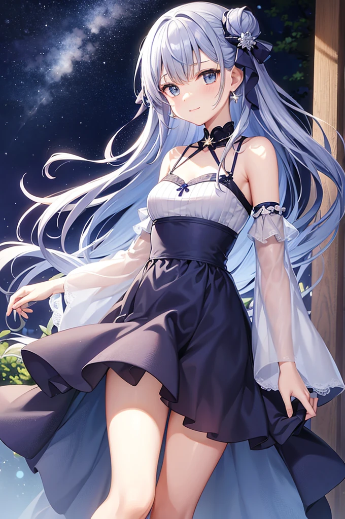 Facial featuresとexpression:
Facial features: The face is elegant、Soft atmosphere。The eyes are large、Deep purple stars are scattered throughout。The nose is small、The mouth is slightly smiling。
expression: Be calm and、Gentle smile。優しさと優雅さを感じさせるexpressionなのじゃ。
HairstyleとHair Color:
Hairstyle: long、Wave-like blue hair。The ends of her hair have silver highlights、It shines like moonlight。Hair should be drawn lightly, as if swaying in the wind.。
Hair Color: Blue and silver gradation、Glowing like moonlight。
Eye Design:
Eye color: In deep purple、There's a sparkle like stars in your eyes。まつ毛がlong、It gives a mysterious look to the eyes.。
Clothing and decoration:
tops: A light and sheer chiffon blouse。The colors are light pastel and floral.。Design that exposes shoulders and back a little。
Bottoms: A long skirt made from the same lightweight material.。With a flowing design、It would be nice if it had a gentle breeze-like feel to it.。
accessories: Moon and star motif jewelry。Star-shaped earrings in the earoon pendant around the neck。accessoriesはシンプルでありながらエレガントなデザイン。
hat: A wide straw hat、It would be nice if it had ribbons and star decorations.。hatは日差しを遮りながらも、It gives a stylish impression.。
Sandals: 軽やかでシンプルなデザインのSandals。The feet are clean and、It would be good if it was drawn to give off a cool feeling.。
Physical buildとposture:
Physical build: Slim and elegant、The figure has a subtle femininity。Overall it's elegant、A supple impression。
posture: 自然で落ち着いたposture。Are you standing gracefully?、It suits you to walk lightly。
Other features:
background: A place rich in nature、A place where the starry sky and moonlight shine in。A little bit fantastical、I hope the drawing will highlight Lunaris even more.。