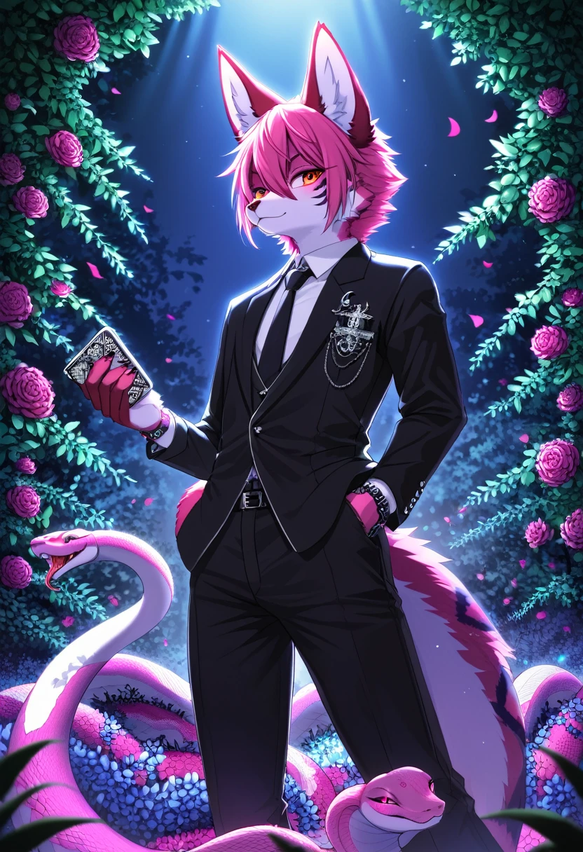 e621(best quality, high resolution, ultra-detailed)silhouett(kemono, furry anthro)holding striking pocket watch, surrounded by flowers, snakes and darkness, illustrative rendering, intricate details, mysterious atmosphere, vibrant colors, dynamic lighting , Gothic style,