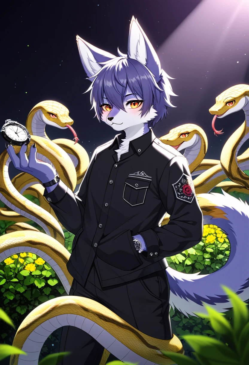 e621(best quality, high resolution, ultra-detailed)silhouett(kemono, furry anthro)holding striking pocket watch, surrounded by flowers, snakes and darkness, illustrative rendering, intricate details, mysterious atmosphere, vibrant colors, dynamic lighting , Gothic style,