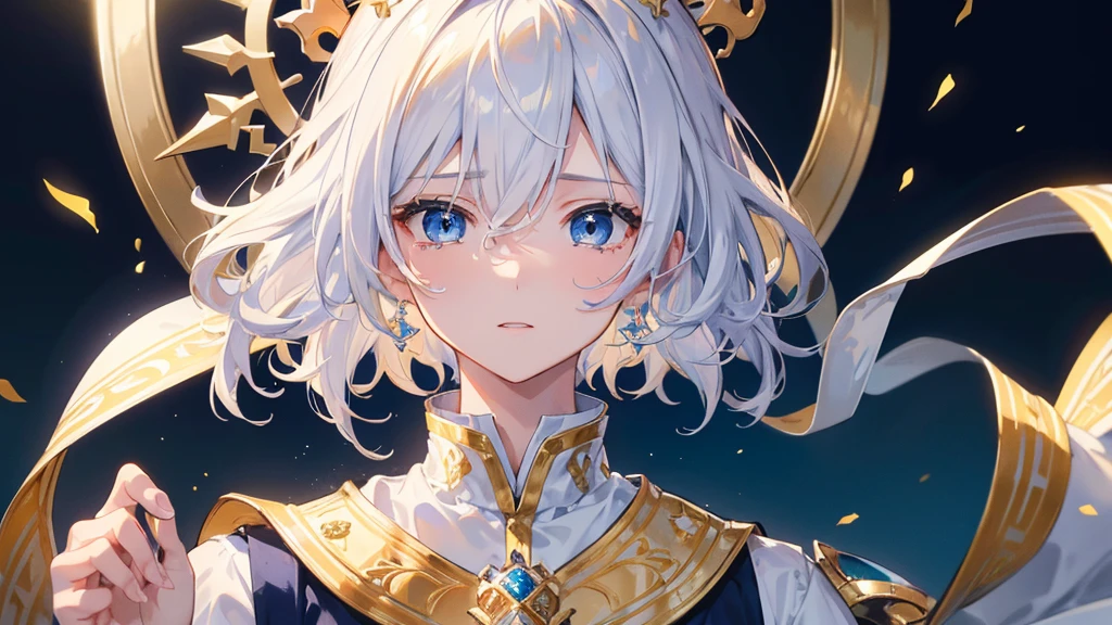 (Highest quality) (4K) (8k) (High resolution) (masterpiece:1.2) (Super detailed) One boy short hair Wizard Blue Eyes Long sleeve Golden decoration Hair between the eyes White Dress Wavy golden hair Upper Body (large crown) (White Background) profile Face close-up Are crying