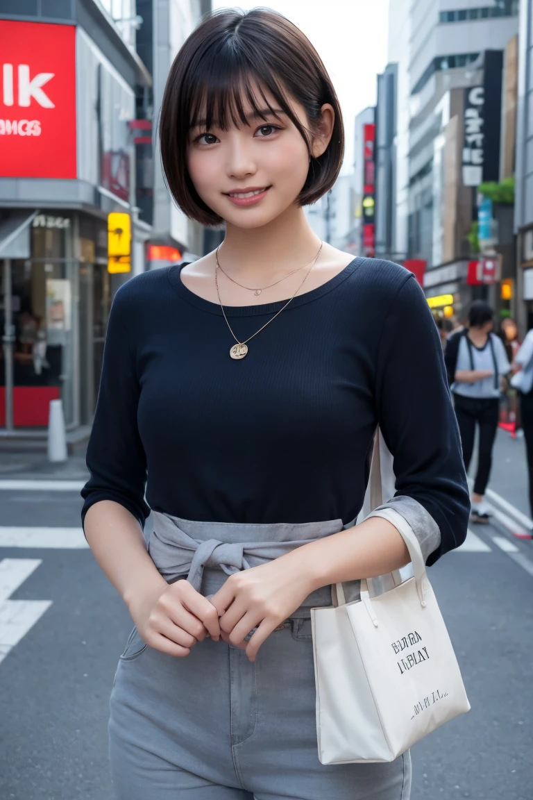 ((8k:1.27)、Highest quality、masterpiece、Ultra-high resolution:1.2)Photo Beautiful Japan woman (Comfortable:1.1) (Grey clothes:1.21) Designed by Greg Rutkowski and Alphonse Mucha Exquisite Elegance、Fantasy、detailed、geometry、Gradient lighting、One Girl、26 years old、Delicate skin、Looking at the audience、Brown eyes、(Flaxen short hair:1.2)、(Small breasts:1.0)、(middle breast wheel:0.8)、(Photorealistic:1.4)、(Highest quality:1.0)、(Ultra-high resolution:1.0)、(Without the use of hands:1.0)、8k、RAW Photos、 (Representative Song: 0.2), (Pure Eros Face_v1:0.5)、Tight clothing、tote bag、No sleeve、one piece、No sleeve、See through、smile、necklace、Linen Material、shirt、Ginza 4th Street、after work、evening、Business Fashion、Parted bangs、Hair is tied、A kind smile、Bust biting into the belt of the bag、Small breasts、Please stand up straight.、On the chest、