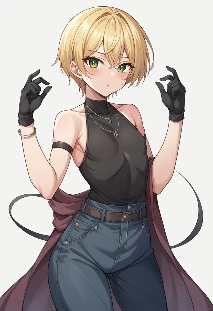 (One girl)、(short hair)、(sidelock)、((Blonde))、(sidelock)、(Sato Air)、((boyish))、((flat chest))、(Wizard)、black stick pants、black sleeveless、black gloves、say、green eye、arm behind back、(coarse hair)、20-year-old 、curvy、White Background、