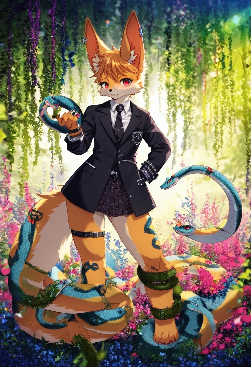 e621(best quality, high resolution, ultra-detailed)silhouett(kemono, furry anthro)holding striking pocket watch, surrounded by flowers, snakes and darkness, illustrative rendering, intricate details, mysterious atmosphere, vibrant colors, dynamic lighting , Gothic style,