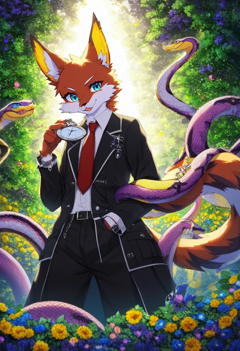 e621(best quality, high resolution, ultra-detailed)silhouett(kemono, furry anthro)holding striking pocket watch, surrounded by flowers, snakes and darkness, illustrative rendering, intricate details, mysterious atmosphere, vibrant colors, dynamic lighting , Gothic style,