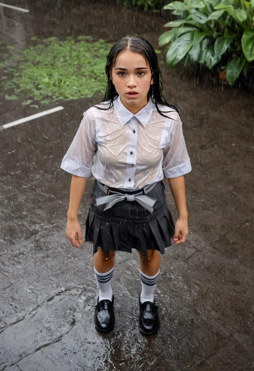 Aerial shot. Pouring rain. A 17 yo girl with long way black hair looking up at the camera above her. She is wearing a plain white shirt with short sleeves, a grey skirt, and a black school belt, marry jane shoes and white socks, and a school backpack from 1970s era, cinematic lighting, back lighting, raining, tropical storm, wet, soaked
