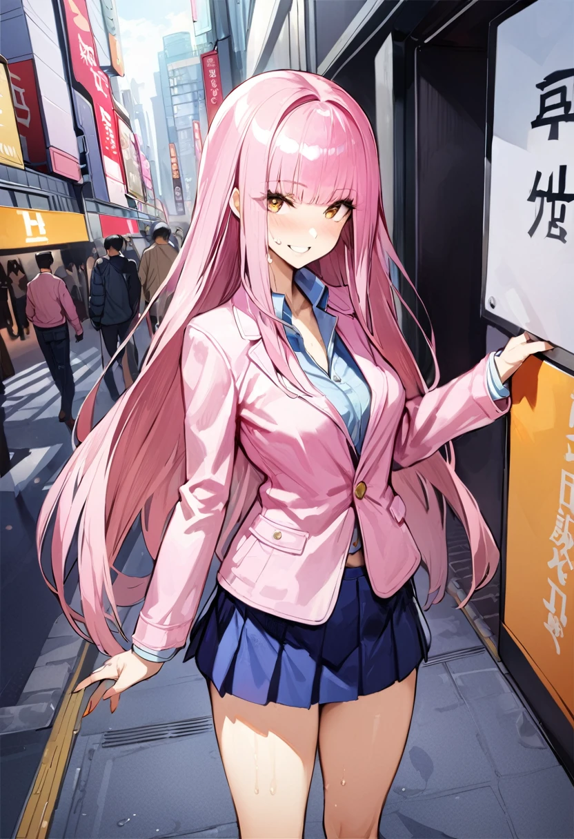 ((masterpiece,Highest quality:1.3,best quality illustration)),cowboy shot,独奏,1woman,(Mature Beauty),pink hair,straight long hair,bangs,brown eyes,(gorgeous eyes),((very small head)),fun,smile,((very long body,skinny)),medium breasts,((Pink baseball jacket、Navy blue pleated mini skirt)),gleaming skin,oily skin,slender body,sweat,standing,on street,Shibuya Station、