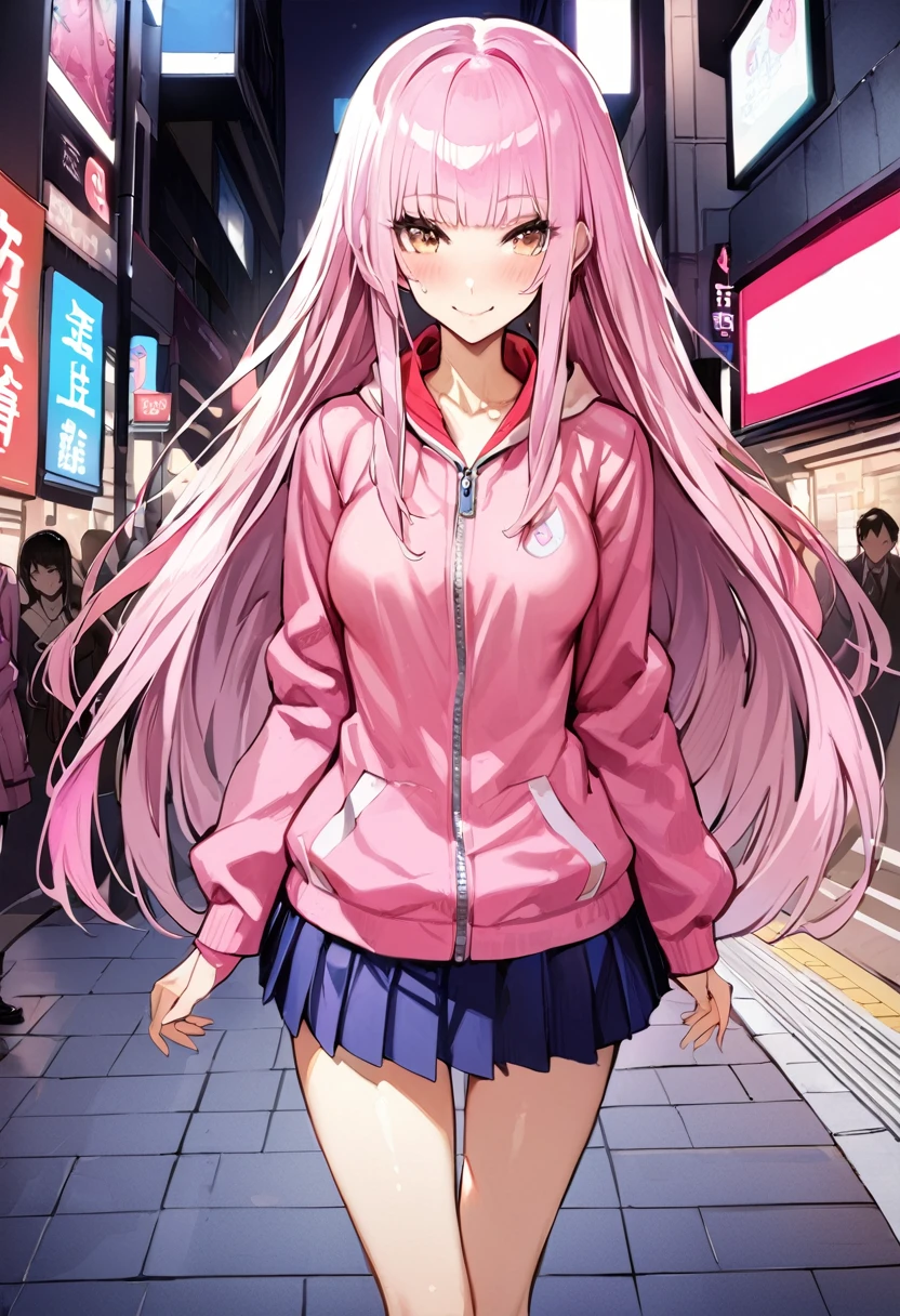 ((masterpiece,Highest quality:1.3,best quality illustration)),cowboy shot,独奏,1woman,(Mature Beauty),pink hair,straight long hair,bangs,brown eyes,(gorgeous eyes),((very small head)),fun,smile,((very long body,skinny)),medium breasts,((Pink baseball jacket、Navy blue pleated mini skirt)),gleaming skin,oily skin,slender body,sweat,standing,on street,Shibuya Station、