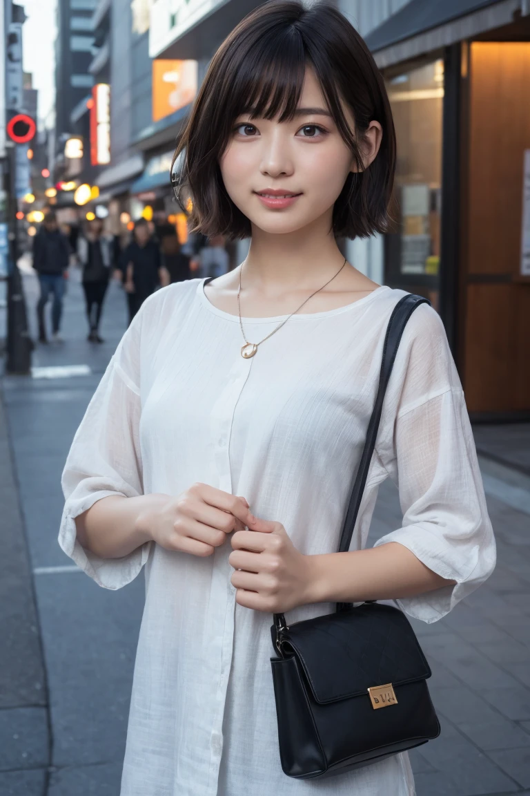 ((8k:1.27)、Highest quality、masterpiece、Ultra-high resolution:1.2)Photo Beautiful Japan woman (Comfortable:1.1) (Grey clothes:1.21) Designed by Greg Rutkowski and Alphonse Mucha Exquisite Elegance、Fantasy、detailed、geometry、Gradient lighting、One Girl、26 years old、Delicate skin、Looking at the audience、Brown eyes、(Flaxen short hair:1.2)、(Small breasts:1.0)、(middle breast wheel:0.8)、(Photorealistic:1.4)、(Highest quality:1.0)、(Ultra-high resolution:1.0)、(Without the use of hands:1.0)、8k、RAW Photos、 (Representative Song: 0.2), (Pure Eros Face_v1:0.5)、Tight clothing、tote bag、No sleeve、one piece、No sleeve、See through、smile、necklace、Linen Material、shirt、Ginza 4th Street、after work、evening、Business Fashion、Parted bangs、Hair is tied、A kind smile、Bust biting into the belt of the bag、Small breasts、Please stand up straight.、On the chest、