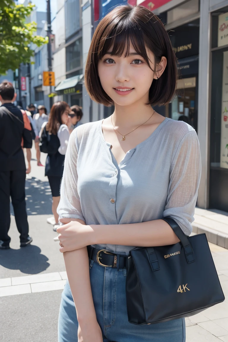 ((8k:1.27)、Highest quality、masterpiece、Ultra-high resolution:1.2)Photo Beautiful Japan woman (Comfortable:1.1) (Grey clothes:1.21) Designed by Greg Rutkowski and Alphonse Mucha Exquisite Elegance、Fantasy、detailed、geometry、Gradient lighting、One Girl、26 years old、Delicate skin、Looking at the audience、Brown eyes、(Flaxen short hair:1.2)、(Small breasts:1.0)、(middle breast wheel:0.8)、(Photorealistic:1.4)、(Highest quality:1.0)、(Ultra-high resolution:1.0)、(Without the use of hands:1.0)、8k、RAW Photos、 (Representative Song: 0.2), (Pure Eros Face_v1:0.5)、Tight clothing、tote bag、No sleeve、one piece、No sleeve、See through、smile、necklace、Linen Material、shirt、Ginza 4th Street、after work、evening、Business Fashion、Parted bangs、Hair is tied、A kind smile、Bust biting into the belt of the bag、Small breasts、Please stand up straight.、On the chest、