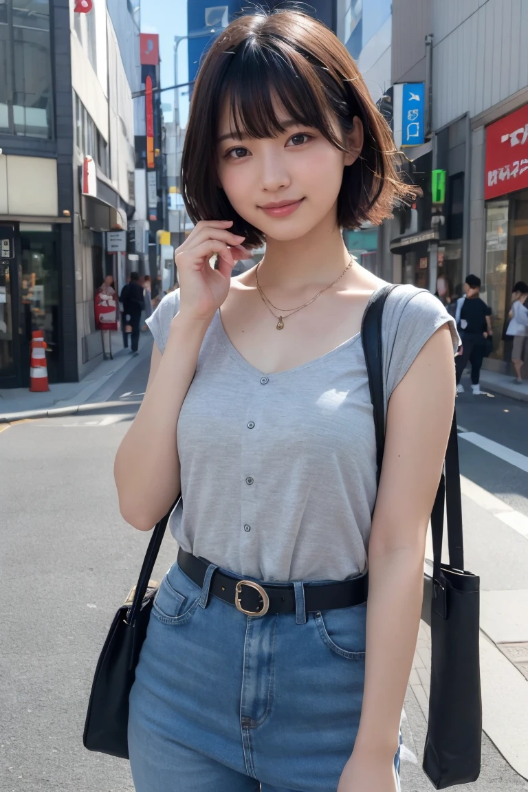 ((8k:1.27)、Highest quality、masterpiece、Ultra-high resolution:1.2)Photo Beautiful Japan woman (Comfortable:1.1) (Grey clothes:1.21) Designed by Greg Rutkowski and Alphonse Mucha Exquisite Elegance、Fantasy、detailed、geometry、Gradient lighting、One Girl、26 years old、Delicate skin、Looking at the audience、Brown eyes、(Flaxen short hair:1.2)、(Small breasts:1.0)、(middle breast wheel:0.8)、(Photorealistic:1.4)、(Highest quality:1.0)、(Ultra-high resolution:1.0)、(Without the use of hands:1.0)、8k、RAW Photos、 (Representative Song: 0.2), (Pure Eros Face_v1:0.5)、Tight clothing、tote bag、No sleeve、one piece、No sleeve、See through、smile、necklace、Linen Material、shirt、Ginza 4th Street、after work、evening、Business Fashion、Parted bangs、Hair is tied、A kind smile、Bust biting into the belt of the bag、Small breasts、Please stand up straight.、On the chest、