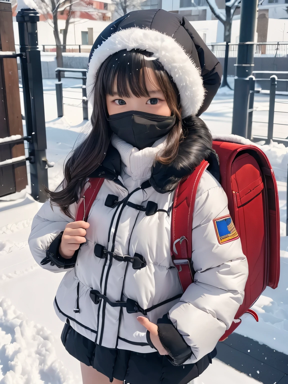 highest quality、masterpiece、8K、best image quality、hyper realism、Award-winning work)、(solo:1.1)、(1 photo:1.1)、Hd, (8k),(masterpiece), (8-year-old girl), smile,cute,Innocent,Kind eyes, wearing winter jacket, (winter jacket:1.2), thick jacket, snow jacket, wearing winter headcap, Carrying a red backpack, (backpack:1.2), wearing mask, (mask:1.1), Straight hair ,Black Hair,Somewhat strong wind, snowstorm, standing, outdoor, winter, (snow:1.3)