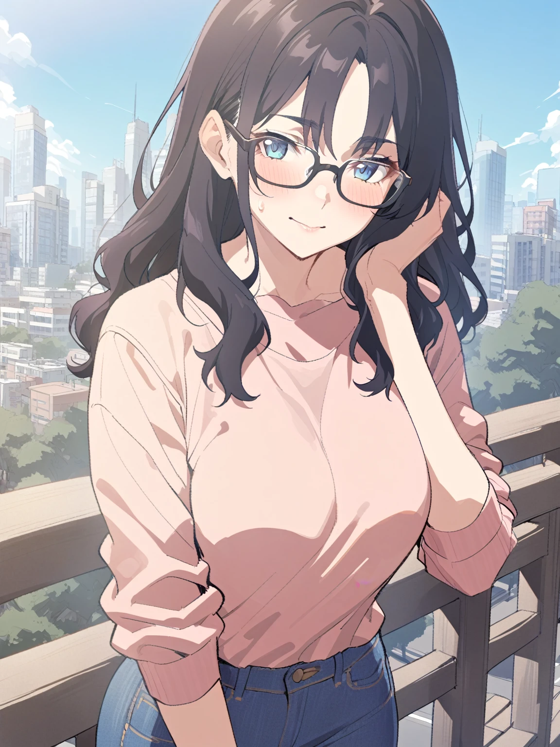 {{upper body}} {{Artist: sincos}} 1girl, mature female, blue eyes, medium length black hair, pink shirt, blue jeans, glasses, outdoors, day, city background