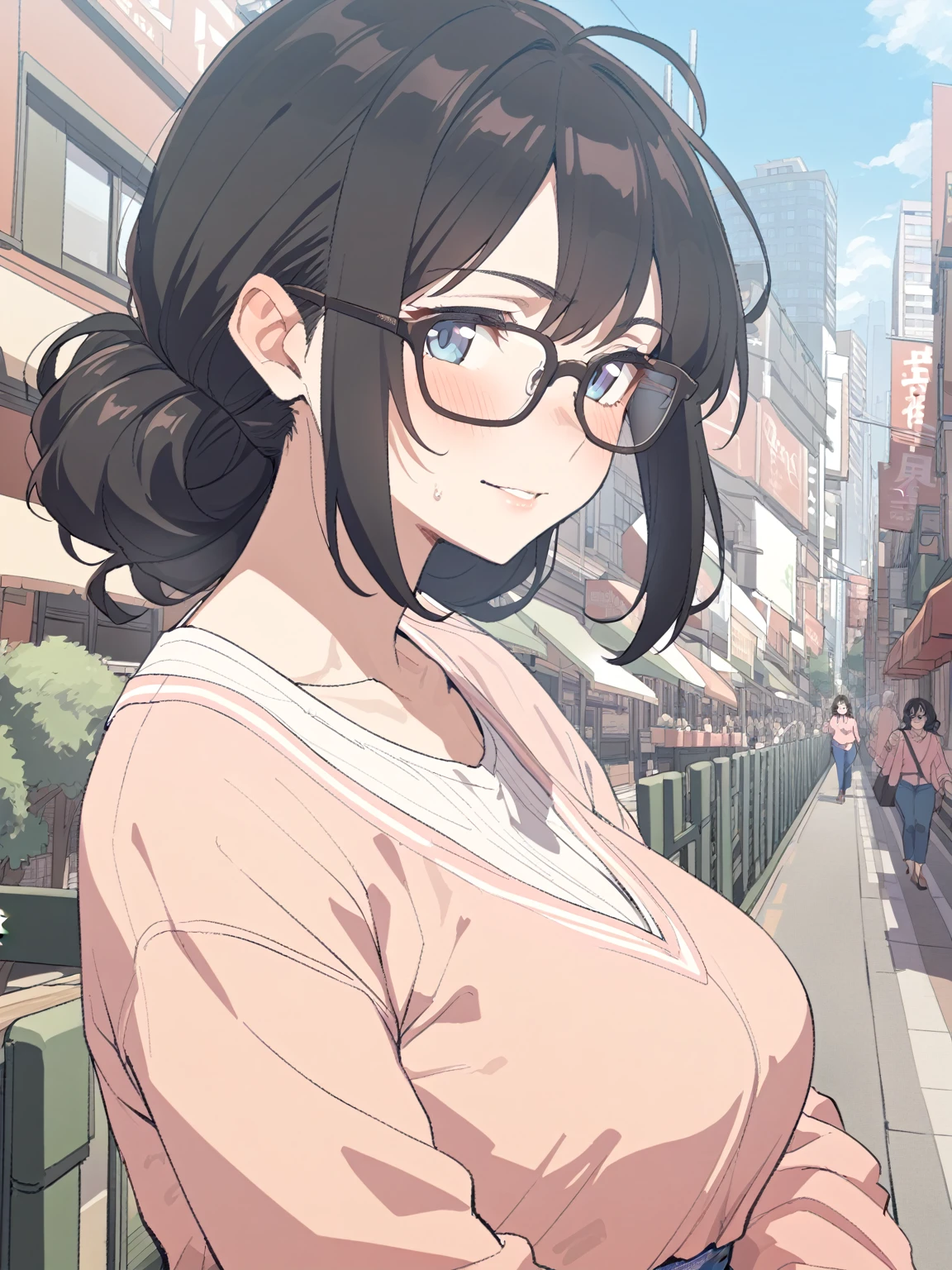 {{upper body}} {{Artist: sincos}} 1girl, mature female, blue eyes, medium length black hair, pink shirt, blue jeans, glasses, outdoors, day, city background