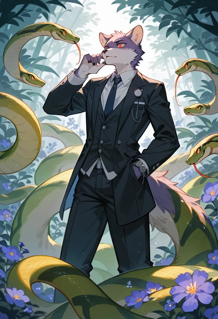 e621(best quality, high resolution, ultra-detailed)silhouett(kemono, furry anthro)holding striking pocket watch, surrounded by flowers, snakes and darkness, illustrative rendering, intricate details, mysterious atmosphere, vibrant colors, dynamic lighting , Gothic style,