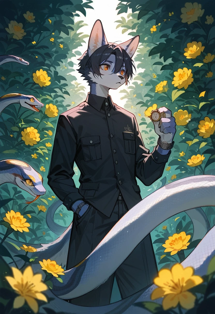 e621(best quality, high resolution, ultra-detailed)silhouett(kemono, furry anthro)holding striking pocket watch, surrounded by flowers, snakes and darkness, illustrative rendering, intricate details, mysterious atmosphere, vibrant colors, dynamic lighting , Gothic style,