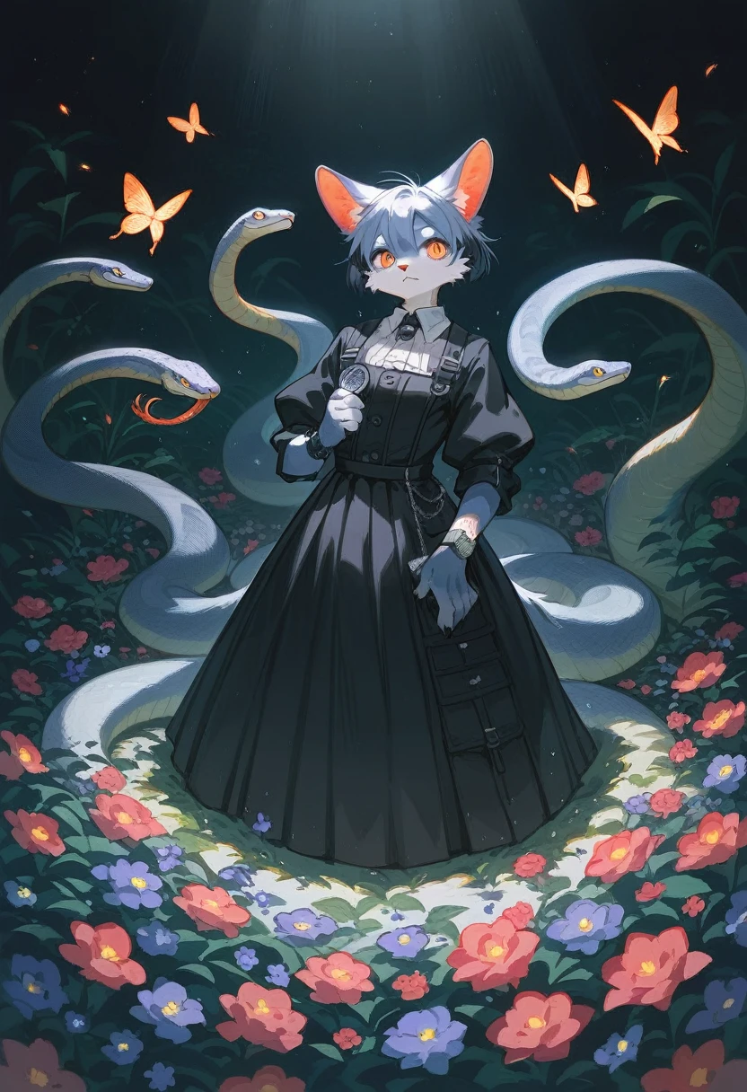e621(best quality, high resolution, ultra-detailed)silhouett(kemono, furry anthro)holding striking pocket watch, surrounded by flowers, snakes and darkness, illustrative rendering, intricate details, mysterious atmosphere, vibrant colors, dynamic lighting , Gothic style,