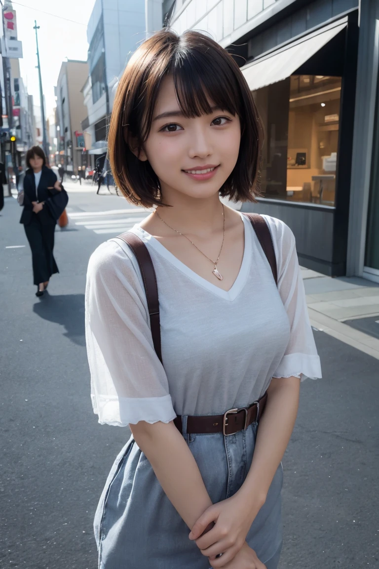 ((8k:1.27)、Highest quality、masterpiece、Ultra-high resolution:1.2)Photo Beautiful Japan woman (Comfortable:1.1) (Grey clothes:1.21) Designed by Greg Rutkowski and Alphonse Mucha Exquisite Elegance、Fantasy、detailed、geometry、Gradient lighting、One Girl、26 years old、Delicate skin、Looking at the audience、Brown eyes、(Flaxen short hair:1.2)、(Small breasts:1.0)、(middle breast wheel:0.8)、(Photorealistic:1.4)、(Highest quality:1.0)、(Ultra-high resolution:1.0)、(Without the use of hands:1.0)、8k、RAW Photos、 (Representative Song: 0.2), (Pure Eros Face_v1:0.5)、Tight clothing、tote bag、No sleeve、one piece、No sleeve、See through、smile、necklace、Linen Material、shirt、Ginza 4th Street、after work、evening、Business Fashion、Parted bangs、Hair is tied、A kind smile、Bust biting into the belt of the bag、Small breasts、Please stand up straight.、On the chest、