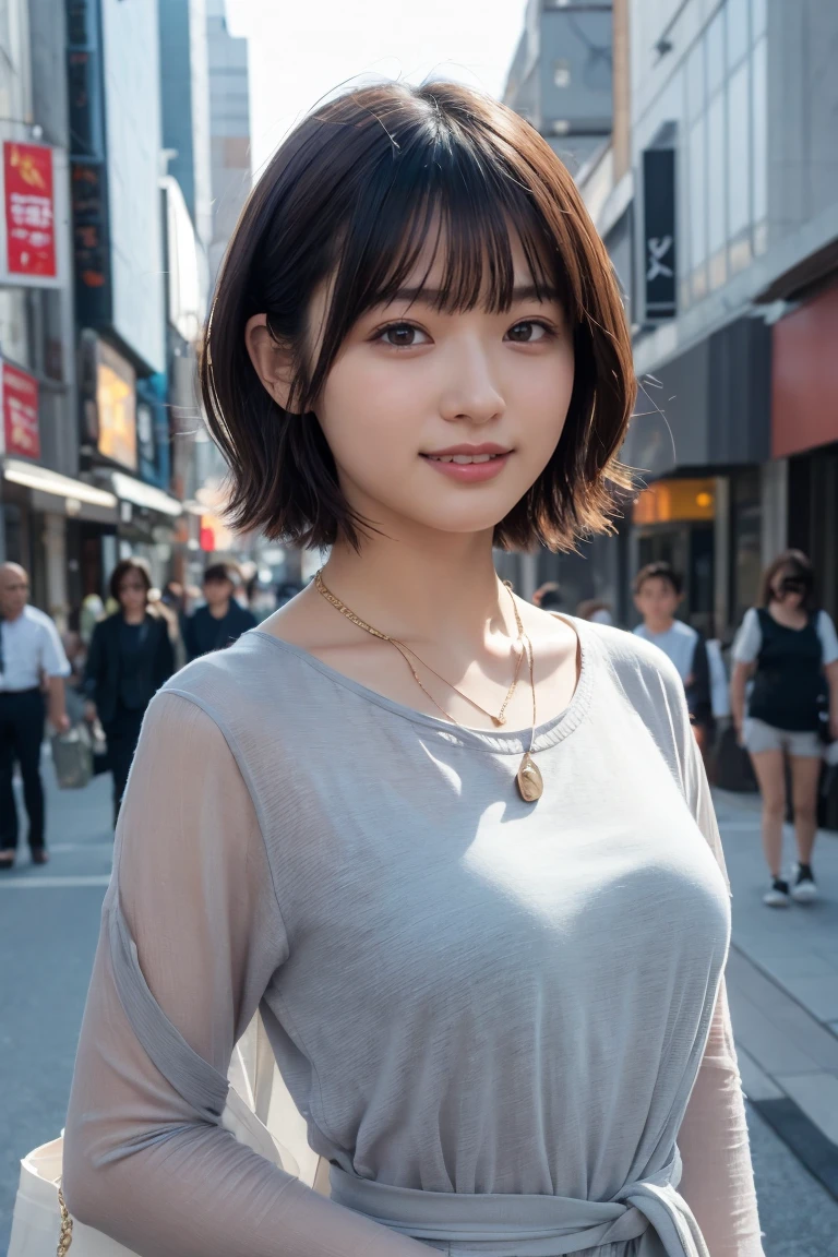 ((8k:1.27)、Highest quality、masterpiece、Ultra-high resolution:1.2)Photo Beautiful Japan woman (Comfortable:1.1) (Grey clothes:1.21) Designed by Greg Rutkowski and Alphonse Mucha Exquisite Elegance、Fantasy、detailed、geometry、Gradient lighting、One Girl、26 years old、Delicate skin、Looking at the audience、Brown eyes、(Flaxen short hair:1.2)、(Small breasts:1.0)、(middle breast wheel:0.8)、(Photorealistic:1.4)、(Highest quality:1.0)、(Ultra-high resolution:1.0)、(Without the use of hands:1.0)、8k、RAW Photos、 (Representative Song: 0.2), (Pure Eros Face_v1:0.5)、Tight clothing、tote bag、No sleeve、one piece、No sleeve、See through、smile、necklace、Linen Material、shirt、Ginza 4th Street、after work、evening、Business Fashion、Parted bangs、Hair is tied、A kind smile、Bust biting into the belt of the bag、Small breasts、Please stand up straight.、On the chest、
