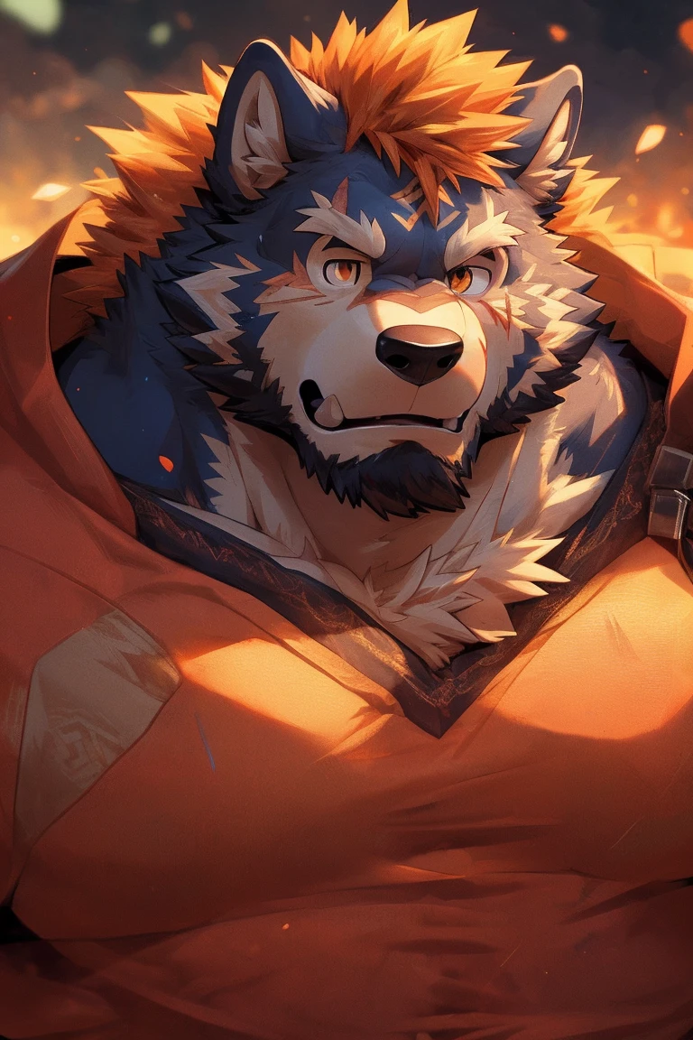 human nature, wild animals, male,36 years old,uncle, solitary, ((Round Face, The face is plump,Orange Eyes,Thick Orange Hair,Scars)), ((Endomorph, Handsome,Hot Blood)), (Mecha suit,no electricity,exhausted), ((domestic 狼, Wolf Orc,) Fluffy fur, Fluffy), Bokeh, (high quality, high resolution, masterpiece), (Dynamic Lighting, Vibrant colors), (Revitalize,harm,Contempt), Full body pictures (close up), cartoon, author:Takemoto Arashi, From Zixiong, author:Chunni, author:Ethereal,(background:Rainforest)