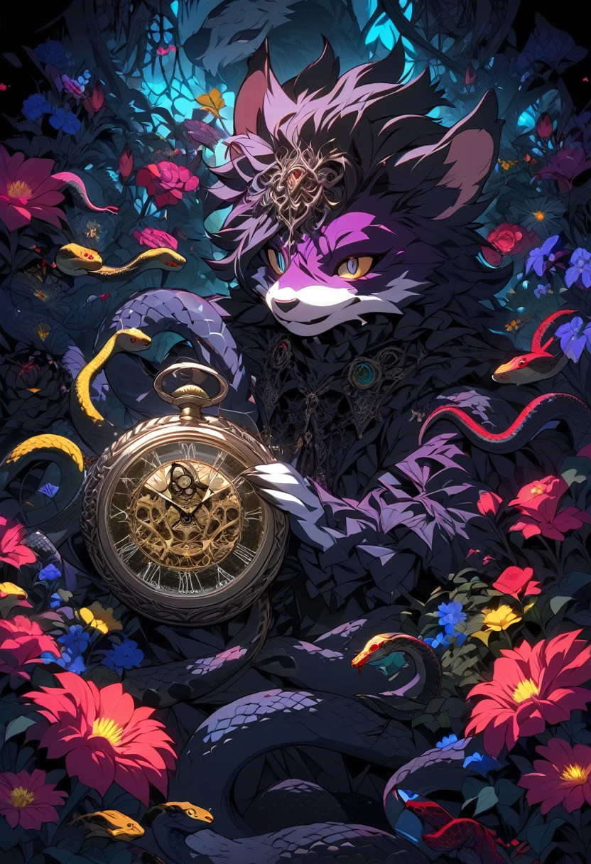 e621(best quality, high resolution, ultra-detailed)silhouett(kemono, furry anthro)holding striking pocket watch, surrounded by flowers, snakes and darkness, illustrative rendering, intricate details, mysterious atmosphere, vibrant colors, dynamic lighting , Gothic style,