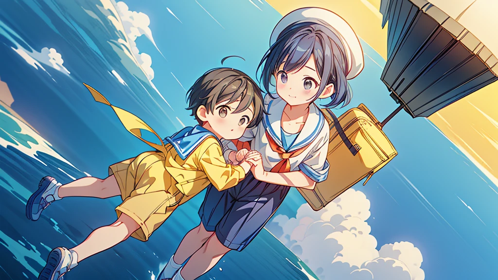 (((Mother and little boy)))、(((Highest quality、Masterpiece、Official Art、The best dynamic composition)))、Anime Style、Very detailed、8K high resolution、Holding hands and going to kindergarten with mother、The boy is carrying a rectangular yellow bag over his shoulder.、Navy blue sailor suit and navy blue shorts、White socks、Diamond Hat、