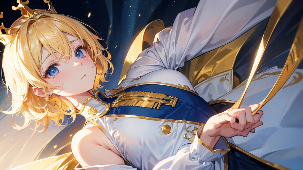 (Highest quality) (4K) (8k) (High resolution) (masterpiece:1.2) (Super detailed) One boy short hair Wizard Blue Eyes Long sleeve Golden decoration Hair between the eyes White Dress Wavy golden hair Upper Body (large crown) (White Background) profile Face close-up Are crying