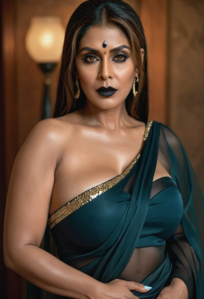 Looks like Nayanthara, milf, cougar lady witch, horny Gothic milf, 50 years old gorgeous mature lady, pervert demoness, demoness of lust, curvy, black lips, horny face, extremely gorgeous, thick figure, heavy physique, voluptuous, curvy, sexy figure, Fashionable portrait of androgynous alien looking witch wearing veil, glowing eyes, futuristic design, minimal details, givenchy, photoreal, 200mm, hd, f/ 2.0, highly detailed, surreal, sexy beautiful evil woman, sexy bold sequin Saree with strapless Bra, chudail, Pishachini, horror genre, blood-thirsty enchantress, powerful female spirit, eerie, drop dead, in the style of red and blue, (intricate details, hyperdetailed:1.15) (skin texture:1.2), dark Moody tone, cinematic lighting, bedroom place in background, ready to give bowjob