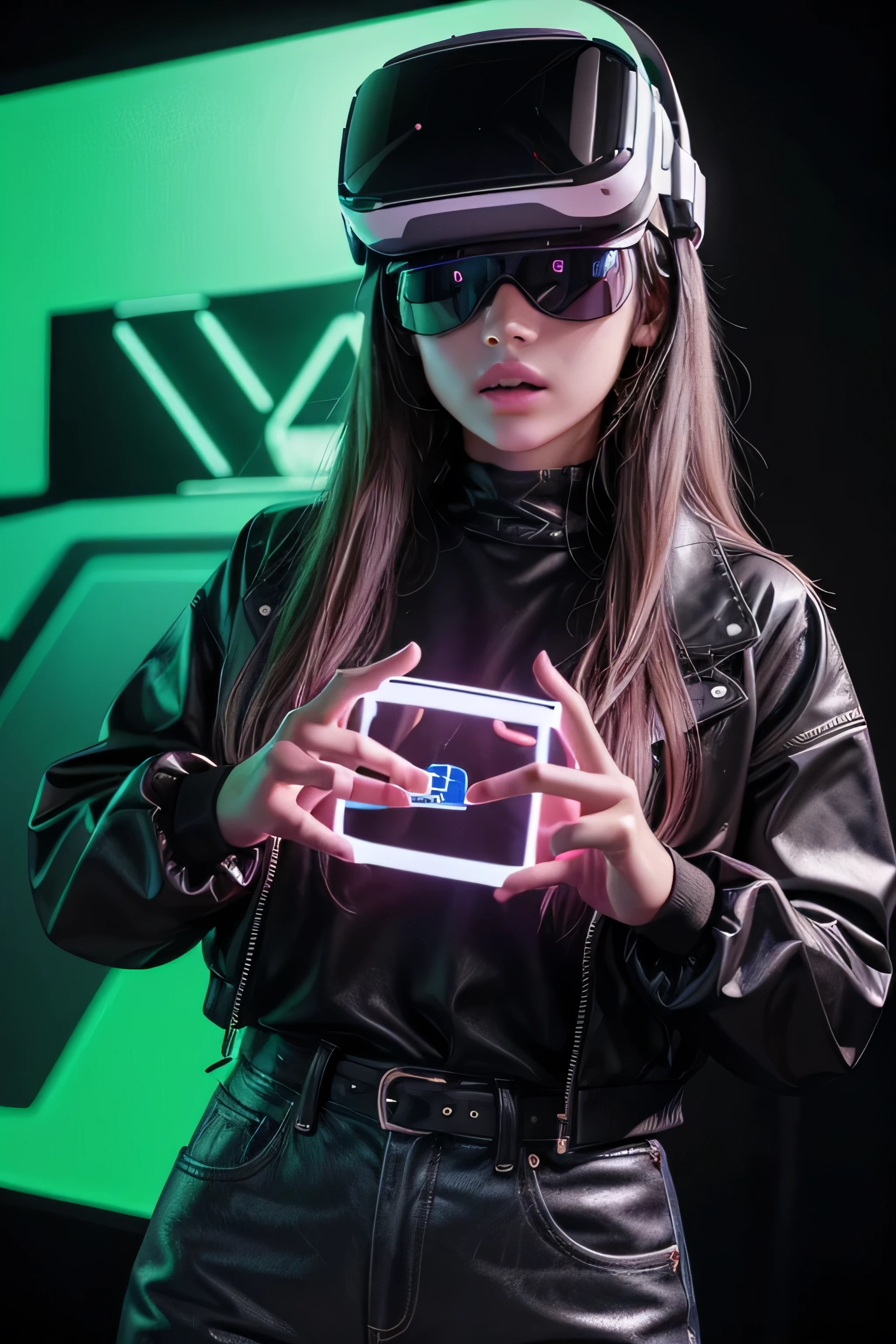 young western woman in fluorescent modern clothing and virtual reality glasses on a neon colored futuristic background touching a screen with her hand