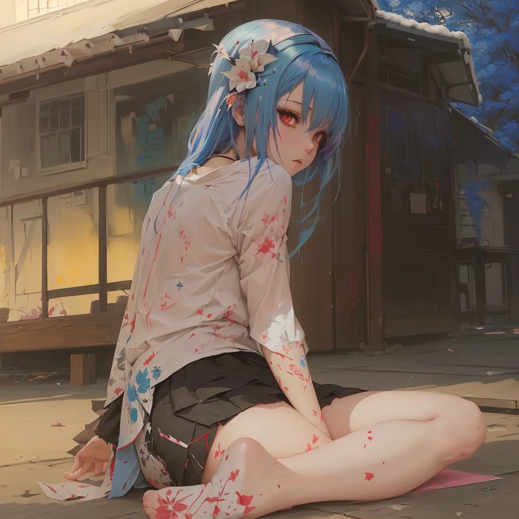 Blue haired anime girl sitting on the ground holding a knife, gapmoe Yandere, gapmoe Yandere grimdark, Yandere, Zero-chan art, Singey, guweiz on pixiv artstation, Yandere intricate, Zero-chan, Painted in an anime artist's studio, Anime girl crouching, Anime female full body art