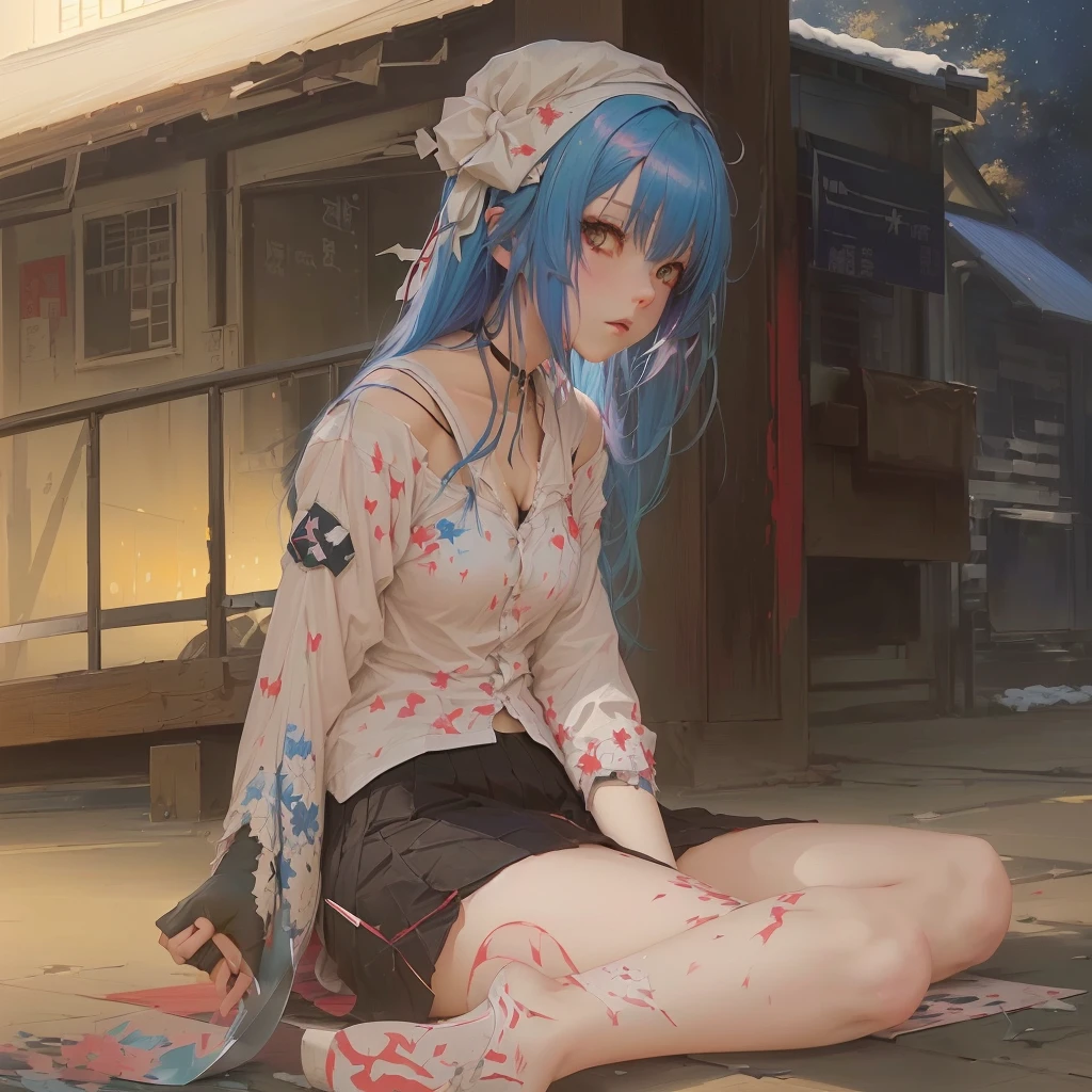 Blue haired anime girl sitting on the ground holding a knife, gapmoe Yandere, gapmoe Yandere grimdark, Yandere, Zero-chan art, Singey, guweiz on pixiv artstation, Yandere intricate, Zero-chan, Painted in an anime artist&#39;s studio, Anime girl crouching, Anime female full body art