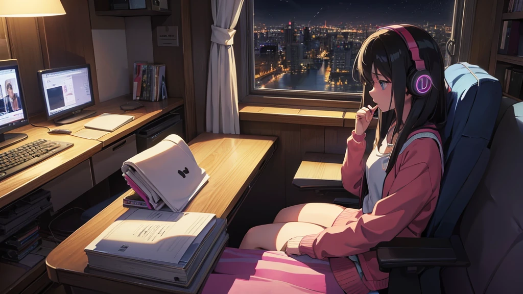 Girl listening to music in a cozy room at night, Use headphones, 2D anime style, Truly, hard disk, Dark environment、Emo