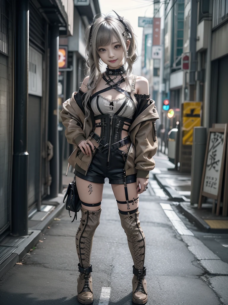 (Full Body View:1.2)、(Smiling with teeth showing:1.3),(Shibuya Gal:1.5)、(Beautiful gravure model:1.5)、(Neo-goth fashion:1.5)、(Punk RockVisual Kei:1.5)、(An off-the-shoulder hoodie in khaki and brown with delicate silver accessories.:1.5)、(A corset with a delicate beige and brown design:1.4)、(Khaki and brown snakeskin bodysuit:1.5)、(head band:1.3)、(Beige and charcoal knee socks:1.4)、Embellished collar and long boots、(I'm selling snake print underwear.:1.4)、(Long eyelashes:1.3)、(20-year-old)、((Highest quality、8k、masterpiece:1.3))、1 Female、Slim and beautiful abs:1.3、(hairstyle casual、Beautiful boobs:1.1)、(Doing an aerobics pose:1.3)、dress:1.1、Super small face、Narrow eyes、double eyelid、A sloppy smile、Esbian all over body、Dynamic Angle、Close-up、CPL Filter、Blurred Background、Bokeh、Blue Hour、Detailed face and skin texture、Detailed eyes、,(Twin tails:1.3)、(Black brown hair:1.3)、Gravure idol、(The background is a glamorous dance hall:1.3)、(Make your legs thinner:1.4)、(Slim Body:1.3)、(clavicle:1.1)