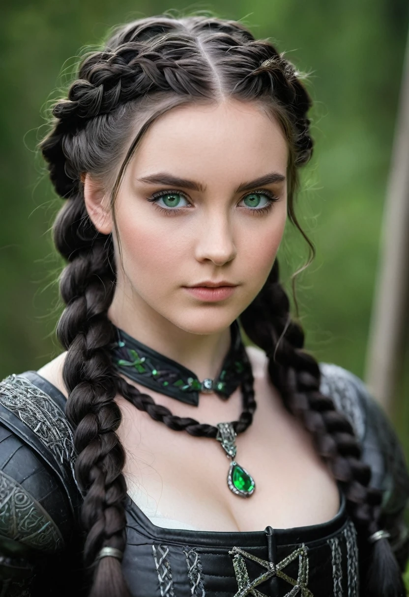 a 25 year old girl, curled hair, long, black obsidian braids tied into a medieval braid, greeneyes, fair skin and diamond-shaped face, wearing a medieval black leather outfit with arrogant posture