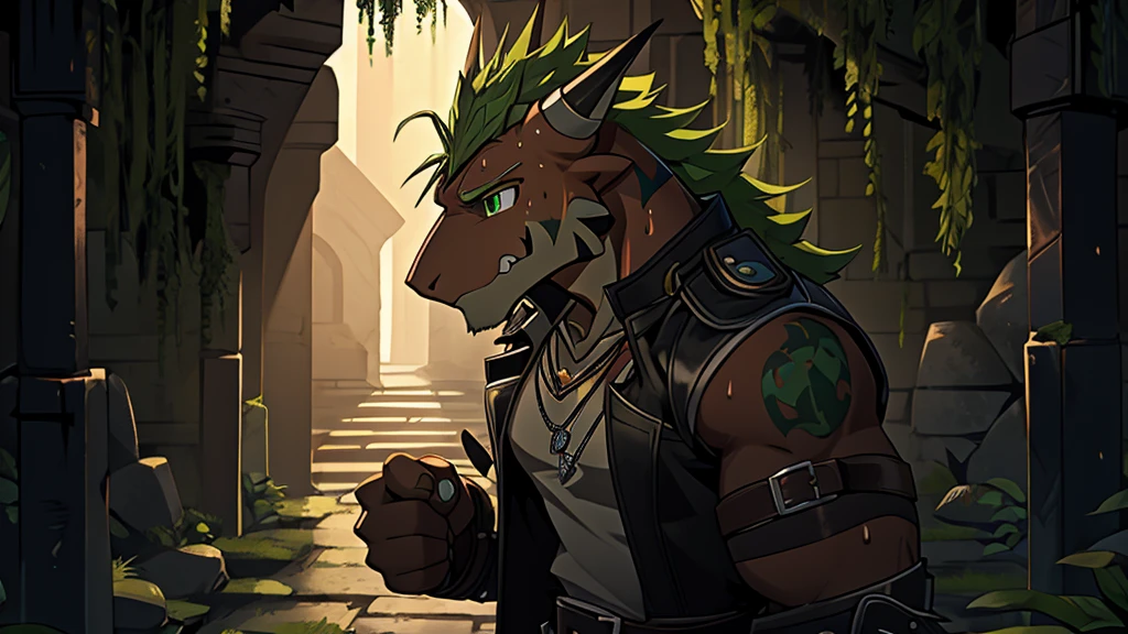 (one person,male,delga,Nervous expression,Leather gear,necklace,sweat),Dimly lit dungeons,green lichen,Detailed Background,4K,dark