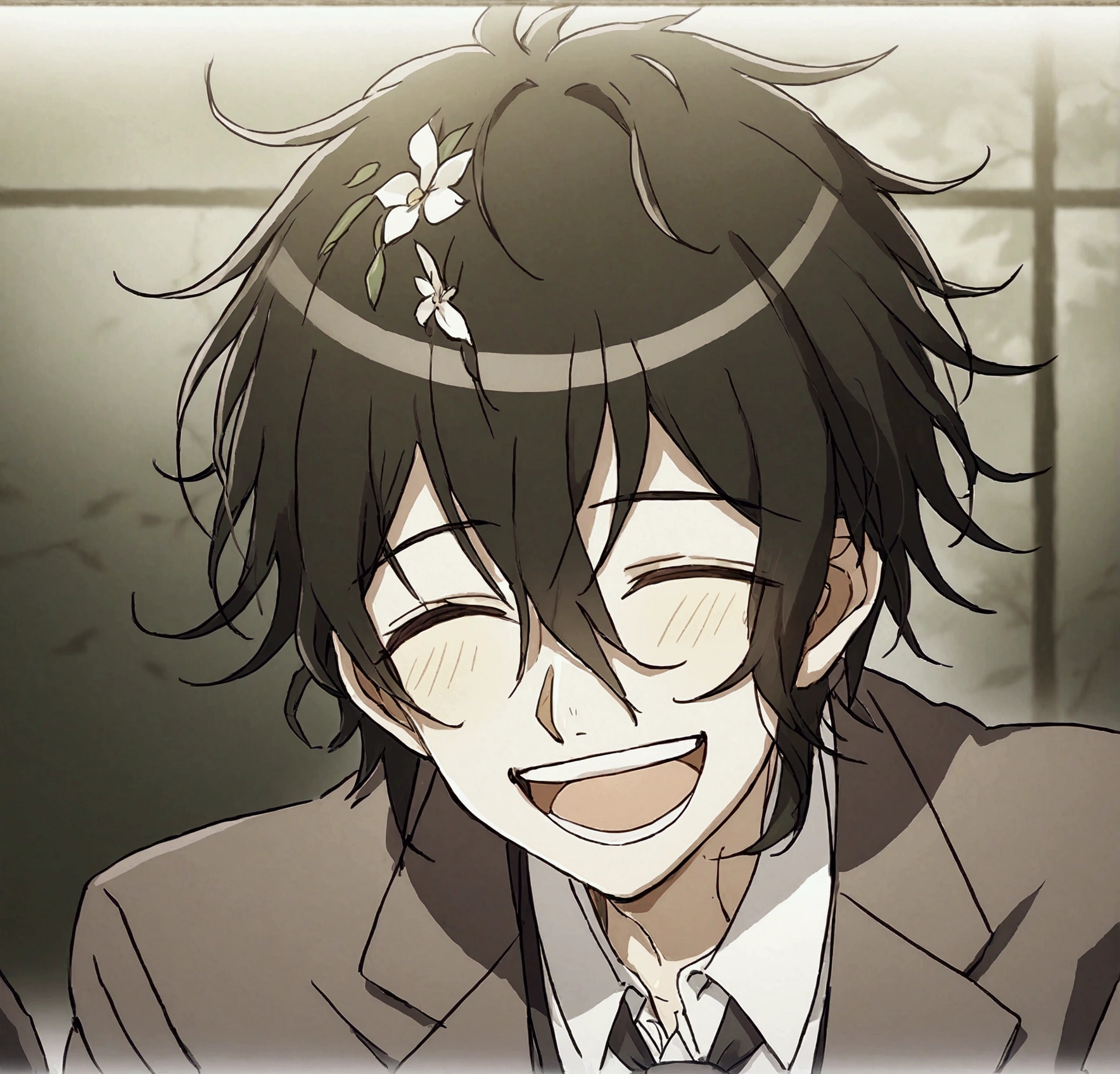 Anime male, green heart eye iris, black fluffy messy hair, green suit, peaceful aura, peaceful tint, peaceful background, happy smile, laughing, black tie, white men dress, white flower on hair