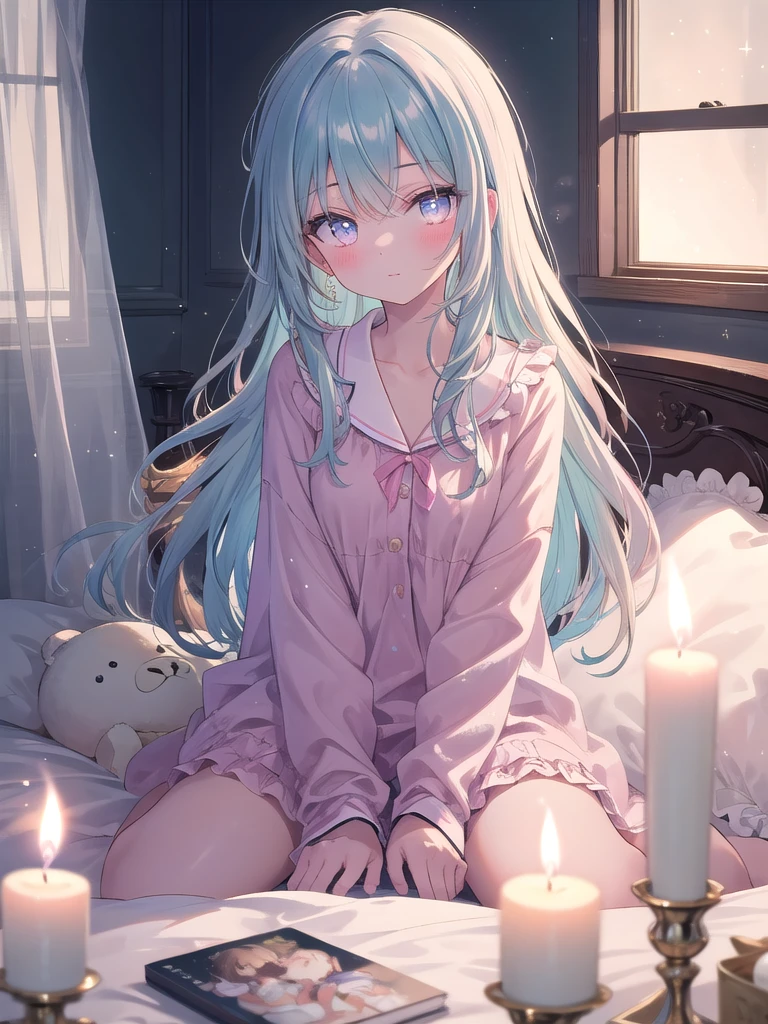 ((8k, best quality, master piece: 1.3)),super high resolution,(1 girl, solo), (colorshift eyes, hyperdetailed, expressive sparkling, glitter, glowing eyes), ultra detailed eyes, ultra-detailed face, random hair, ((pastel color)), Draw a 15 year old girl relaxing at home. The girl is in her pajamas, lounging in bed with a stuffed toy, exuding a calming bedroom atmosphere. The background features a starry window with indirect lighting and silk sheets. The camera angle should be from the perspective of the girl in bed. The color palette should have soft night tones and the sheen of the sheets, as well as the relaxed expression on the girl's face and the details of the stuffed toy.A cozy scene bathed in the warm, flickering light of numerous candles. The candlelight creates a soft, intimate glow, casting gentle shadows and adding a sense of warmth and comfort. The background features a calm, relaxing setting, perfect for a peaceful evening.