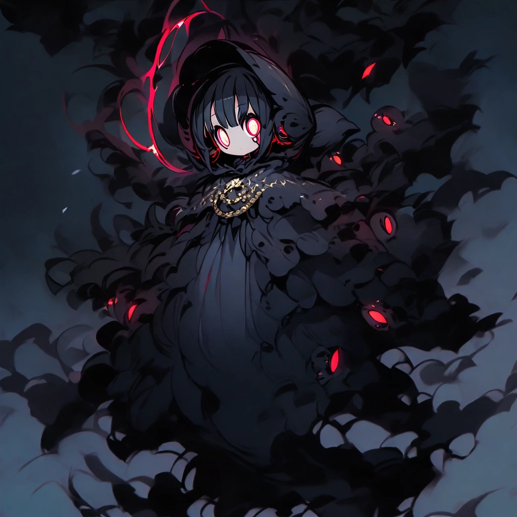 (well done: 1) small creature made completely of darkness, black hair, long straight hair, black sheep ears, black sheep tail, large hat, large white eyes, black poncho with hood, white dress stripped underneath, black boots .