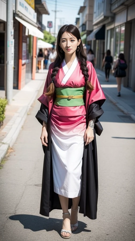 Female, (), (Very cute face), Moist skin, (Pink and bright eyes), (Full body: 1.4),
BREAK,
(Very beautiful warrior: 1.3), (Kicking: 1.3),
BREAK,
Earrings, Short length, (Black grass tattoo on body: 1.3), (Full body: 1.4),
BREAK,
(Cute kimono: 1.2), (Black haori: 1.2),
BREAK,
(Super long hair), (Light gray hair: 1.2), (Gradient hair: 1.3), (Red tips: 1.3),
BREAK,
(Realistic: 1.3), Masterpiece, Perfect lighting, (Ultra high resolution), (8K), (Highly detailed: 1.4), (Full body: 1.4), (Symmetrical: 1.2), (One shot),
BREAK,
(Japanese city: 1.2),
BREAK,
(Demon Slayer: 1.4), (Haruka Ayase: 1.3), (Nezuko Kamado),
