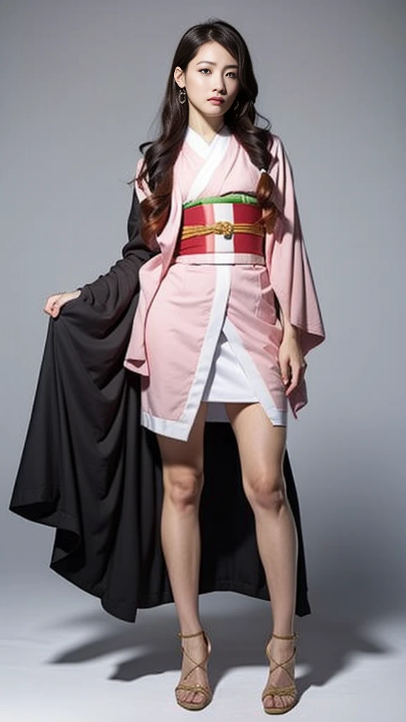Female, (), (Very cute face), Moist skin, (Pink and bright eyes), (Full body: 1.4),
BREAK,
(Very beautiful warrior: 1.3), (Kicking: 1.3),
BREAK,
Earrings, Short length, (Black grass tattoo on body: 1.3), (Full body: 1.4),
BREAK,
(Cute kimono: 1.2), (Black haori: 1.2),
BREAK,
(Super long hair), (Light gray hair: 1.2), (Gradient hair: 1.3), (Red tips: 1.3),
BREAK,
(Realistic: 1.3), Masterpiece, Perfect lighting, (Ultra high resolution), (8K), (Highly detailed: 1.4), (Full body: 1.4), (Symmetrical: 1.2), (One shot),
BREAK,
(Japanese city: 1.2),
BREAK,
(Demon Slayer: 1.4), (Haruka Ayase: 1.3), (Nezuko Kamado),