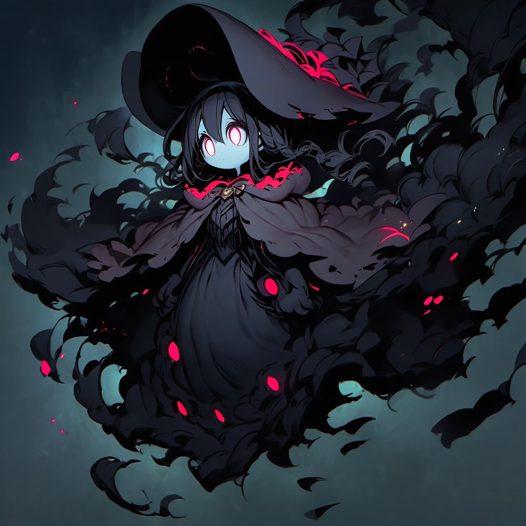 (well done: 1) small creature made completely of darkness, black hair, long straight hair, black sheep ears, black sheep tail, large hat, large white eyes, black poncho with hood, white dress stripped underneath, black boots .