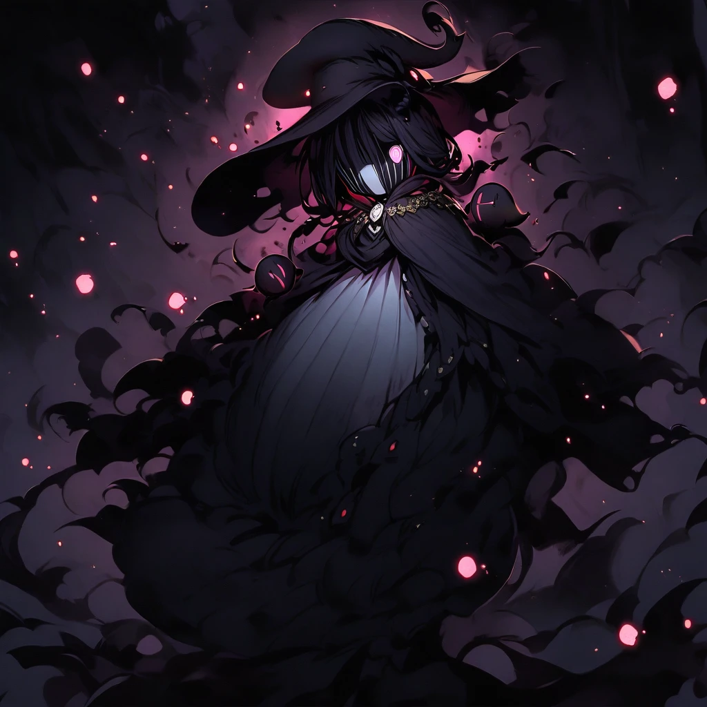 (well done: 1) small creature made completely of darkness, black hair, long straight hair, black sheep ears, black sheep tail, large hat, large white eyes, black poncho with hood, white dress stripped underneath, black boots .