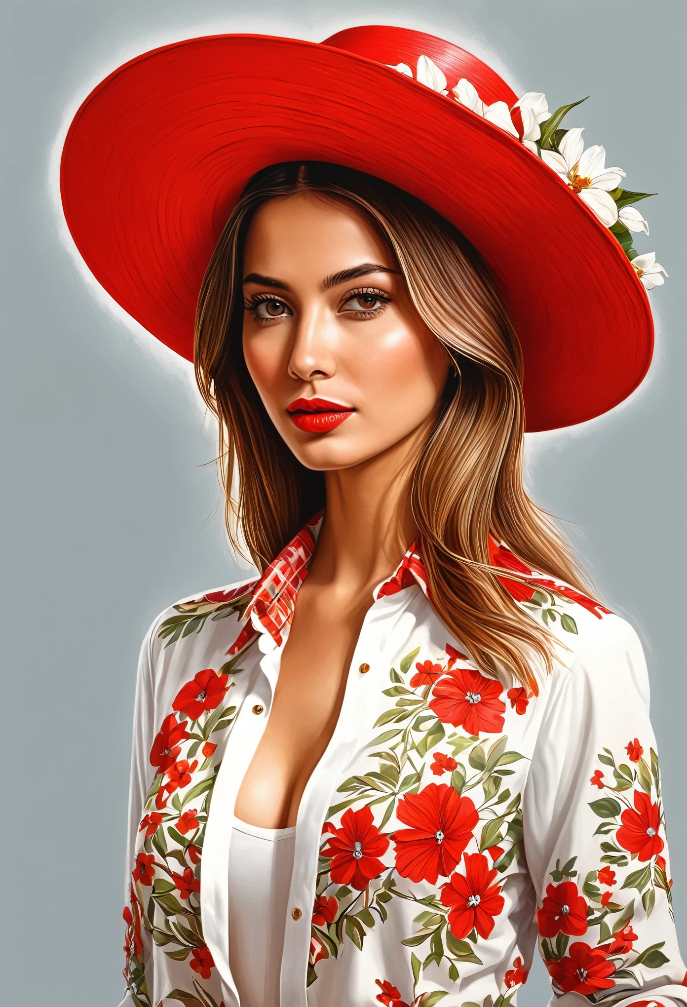 Create a woman with red, an elegant Hut ,with floral shirt, masterpiece, estilo Illustration de Ali Erturk, high detailed, hyper-realistic, Natural light,Illustration , bright colors