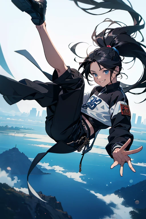 Gaze, Very long hair, Anatomically correct, Very long hair, ponytail, anime, Cowboy Shot, 8years old, boy, High resolution, falling, jumping, black hair, Simple Background, smile, blue eyes, Upside down,