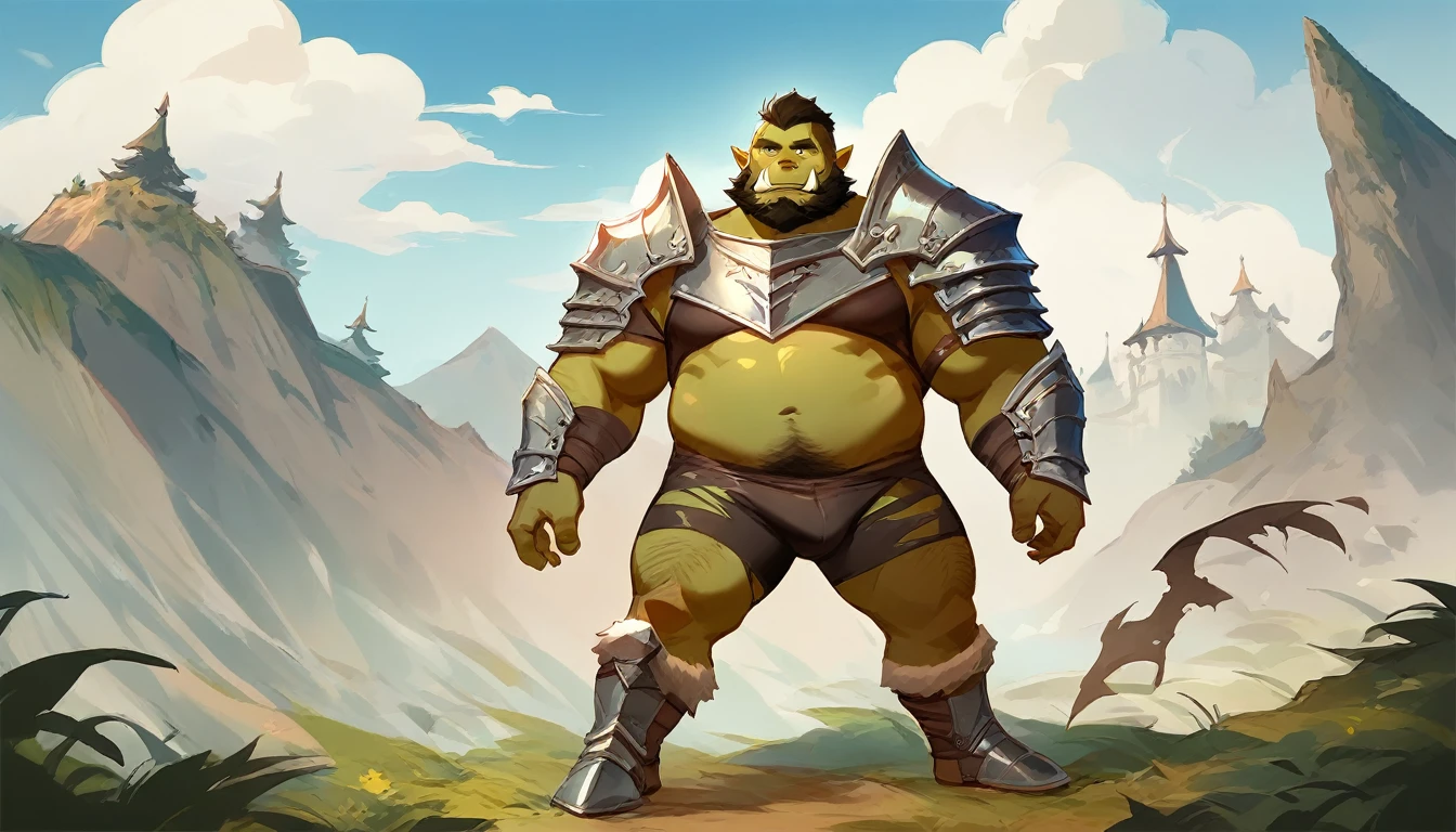 score_9, score_8_up, score_7_up, solo, male focus, chubby male, orc, green skin, tusks, beard, outdoors, micro armor , shoulder armor, breastplate, day, armor boots , (( damaged black micro tight shorts )) , full body