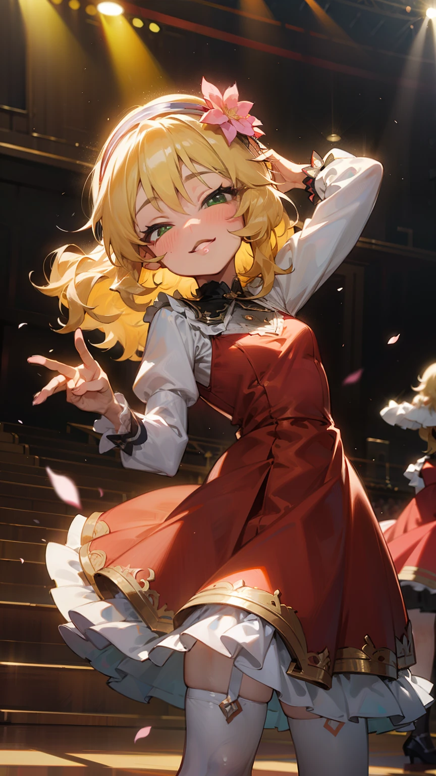 masterpiece,best quality, very detailed,1 woman(Sakurai Momoka, Beloved ,  Glow Skin, wavy hair, long hair, blonde hair, hair band, pink flower in hair,green eyes, half closed eyes), laugh, dehisce, glow lips, head tilt, alone, red dress, fancy dress, bow, white thighs, on stage, dance, cute dance,