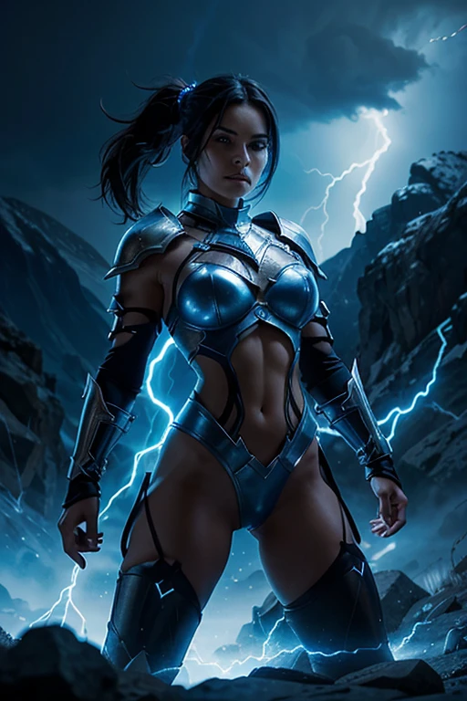 pornstar, evil beautiful and muscular, Nordic female, towering storm Giantess with blue black hair in a ponytail, older and mature woman, throwing a lightning ball, glowing tattoos, wearing steel runic plate mail Armour , temple cave background with lightning storm, glowing blue eyes, square jaw, powerful and imposing, winter clothing