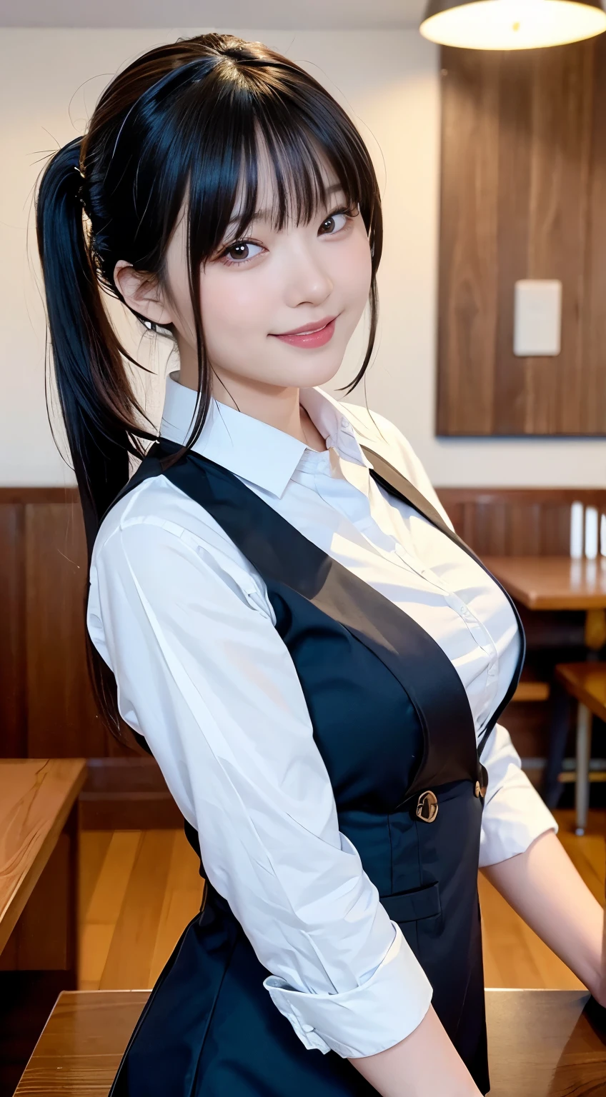 (Highest quality,masterpiece:1.3,Ultra-high resolution,),(Very detailed,Caustics),(Realistic:1.4,RAW shooting,)Ultra-Realistic Capture,Very detailed,High resolution 16K human skin closeup。 Natural skin texture、,pores、、、、It must be detailed enough to be easily identifiable。 Skin tone is even and healthy looking。 Use natural light and colour,restaurant,Waitress Uniform,1 girl,Japanese,18-year-old,cute,Black-haired,ponytail,Big Breasts,smile,Turn your body forward,(Front view:1.1),Looking into the camera,Cowboy Shot,