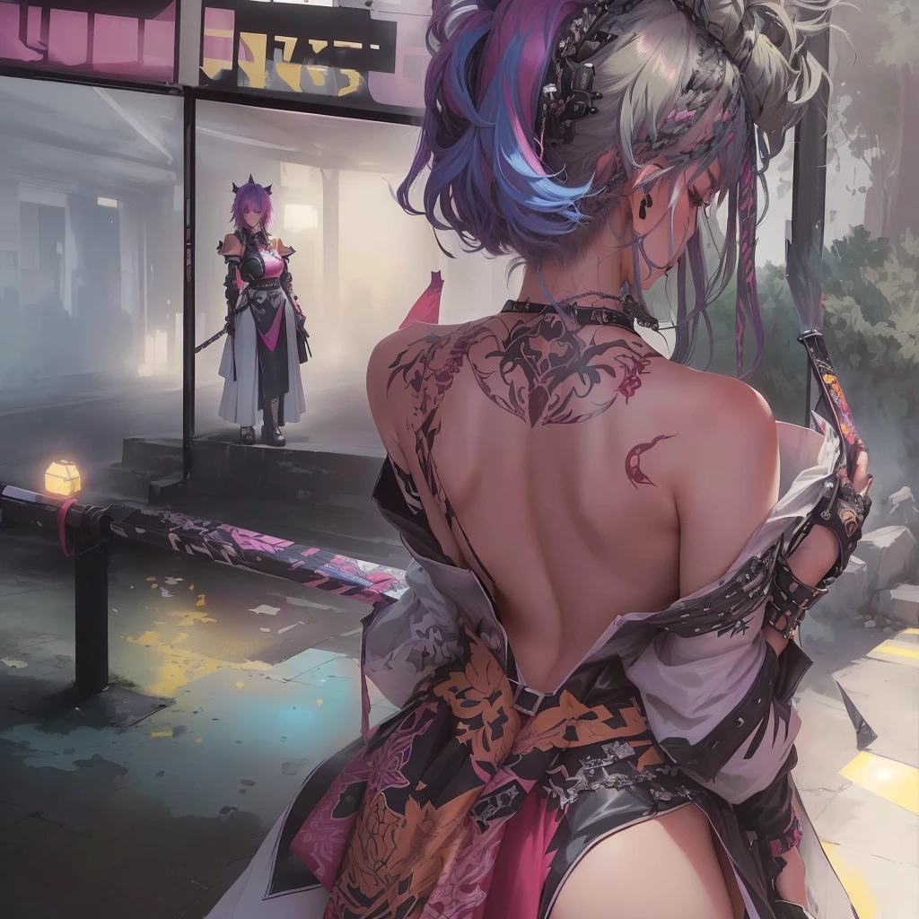 Anime-style image of a woman in a dress holding a sword, Digital art on Pixiv, Gwaiz on pixiv artstation, artstation pixivでトレンド, Gwaiz on artstation pixiv, Zerochan Art, Very detailed fan art, Gwaiz, artwork in the style of Gwaiz, 8K high quality detailed art A 17-year-old Japanese girl with vibrant hair colors, long hair, daring hair styling, slender figure, plump cheeks. She embodies the punk rock aesthetic, dressed like a punk rocker with bold attire, large sunglasses, a defiant expression. She stands at 170 centimeters tall, weighs 30 kilograms, wears long boots, with her thighs visible under a red pleated skirt. Adorned with numerous silver accessories. Depict with distinct outlines, using colors other than black for the outlines, using colorful hues for the outlines. She's into girls' rock, punk, Electric guitar, vibrant colors, stages, and backed by a band. An underground clubhouse with colorful lighting amidst the darkness. Colorful candies resembling mountains of treats are plentiful, strewn all around. A tall, well-built man with blonde hair is present, adorned with tattoos, a nose piercing, and a split tongue.