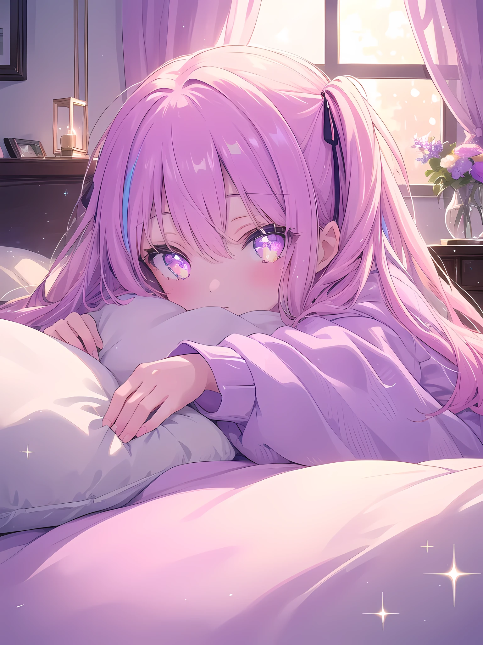 ((8k, best quality, master piece: 1.3)),super high resolution,(1 girl, solo), (colorshift eyes, hyperdetailed, expressive sparkling, glitter, glowing eyes), ultra detailed eyes, ultra-detailed face, random hair, ((pastel color)), Draw a 15 year old girl relaxing at home. The girl is in her pajamas, lounging in bed with a stuffed toy, exuding a calming bedroom atmosphere. The background features a starry window with indirect lighting and silk sheets. The camera angle should be from the perspective of the girl in bed. The color palette should have soft night tones and the sheen of the sheets, as well as the relaxed expression on the girl's face and the details of the stuffed toy.
